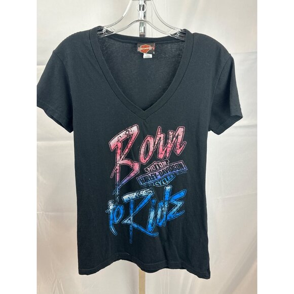 Harley-Davidson Womens "Born To Ride" V-Neck Tee Orlando Florida Black L 100% Co - Picture 1 of 6
